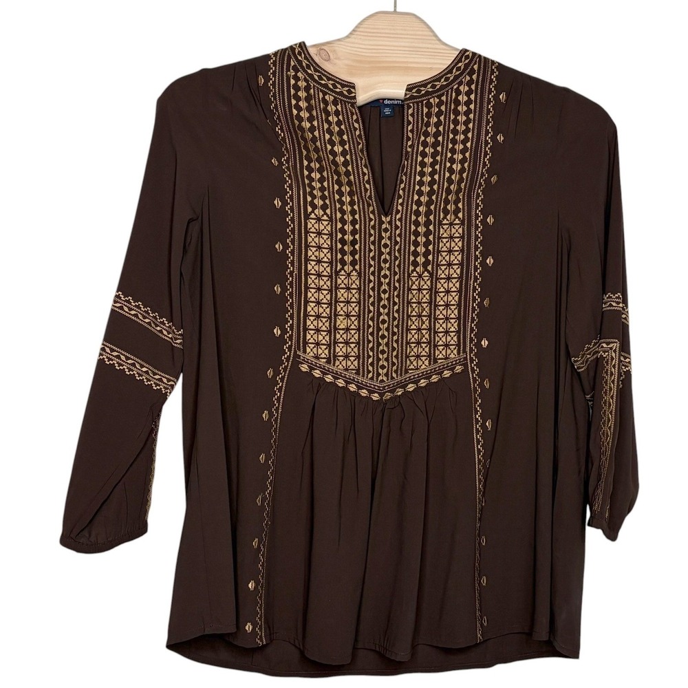 Denim 24/7 Blouse 20W Brown Boho Embroidered Split Neck 3/4 Sleeve Tunic